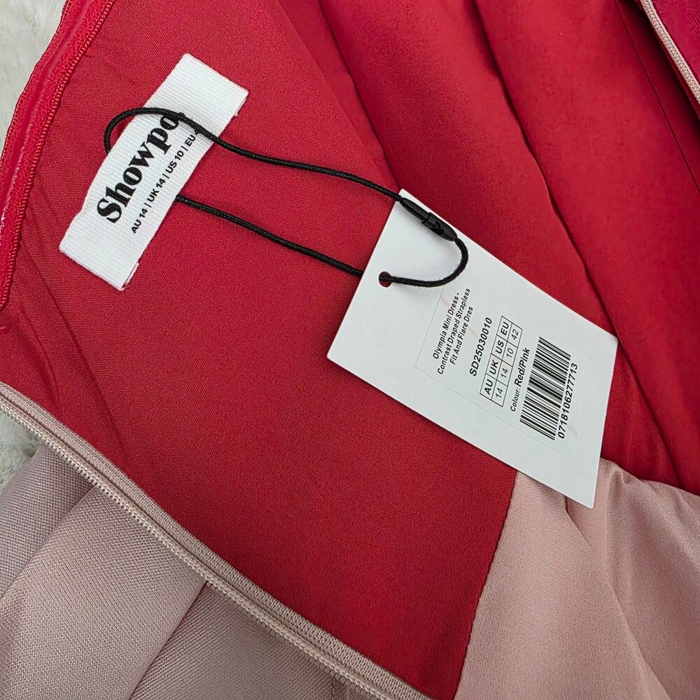Showpo Olympia Red Pink Colorblock Strapless Draped Mini Party Dress NWT US 10 - Picture 12 of 15